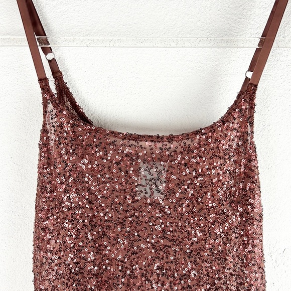 H.I.P. |🍂Copper Brown Sparkly Sequins Sheer Spaghetti Straps Tank Top - Picture 10 of 14